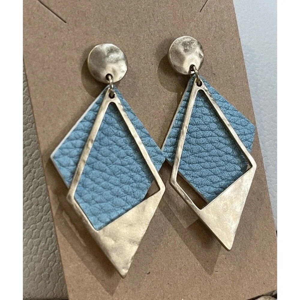 Vintage Hammered Gold-Tone & Leather Dangle Earrings Retro 1980s Punk 2.25in